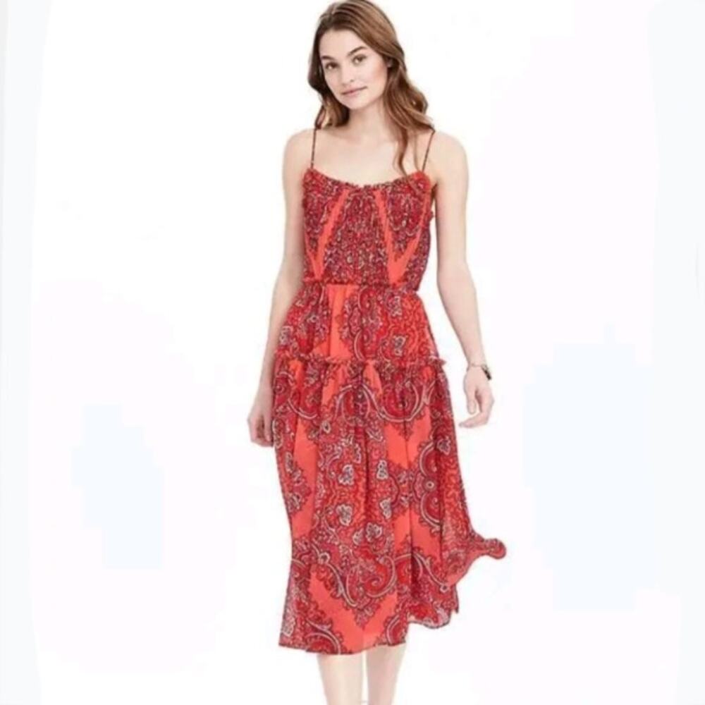 Banana Republic Red Coral Pleat Dress 4 Feminine Boho Romantic Whimsy Frilly NEW